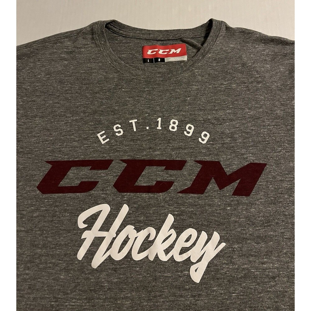 CCM Ice Hockey Graphic Print Logo T-Shirt LARGE Gray NHL Skates Sticks Canada